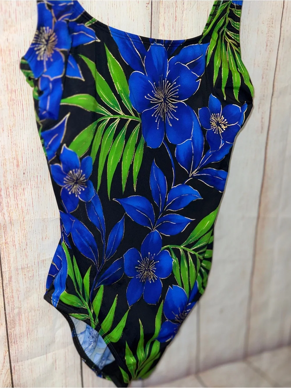 Longitude Long Torso Double X Back One Piece, Black Blue Good Floral, Sz 12 Tall - Picture 3 of 8